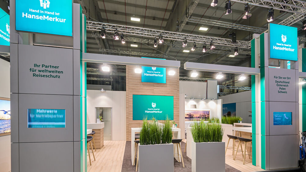 Messestand Hanse Merkur, Messe ITB, Berlin, Isingermerz Messedesign