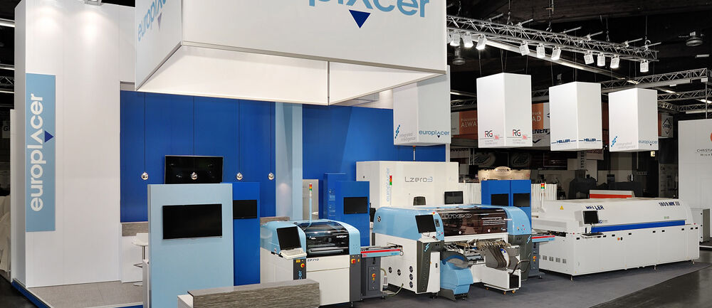 Messestand Europlacer, Messe SMT Hybrid Packaging, Nürnberg, Messebau Isingermerz, Messedesign