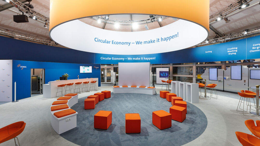 Messestand VDMA, Messe K, Düsseldorf, Circular Economy, Kreislaufwirtschaft, Nachhaltigkeit, Isingermerz, Messebau, Eventbau