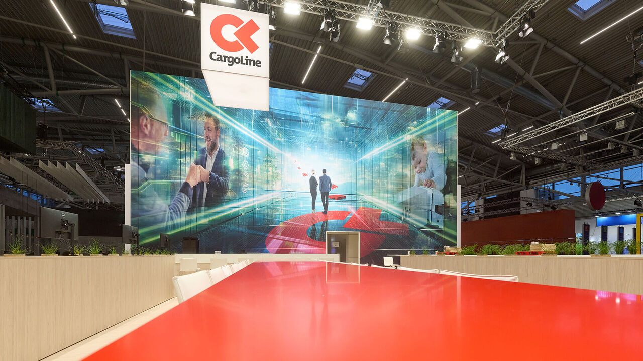 Messestand Cargoline, Messebau München, Messe transport logistic, ISINGERMERZ, Messestanddesign