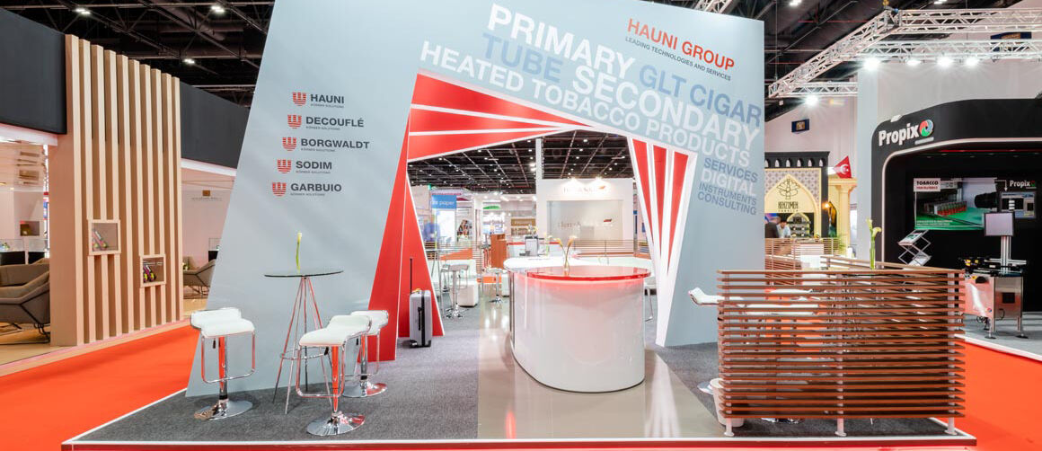 Messestand Hauni, Messe World of Tobacco, Dubai, internationaler Messebau, ISINGERMERZ, Messedesign