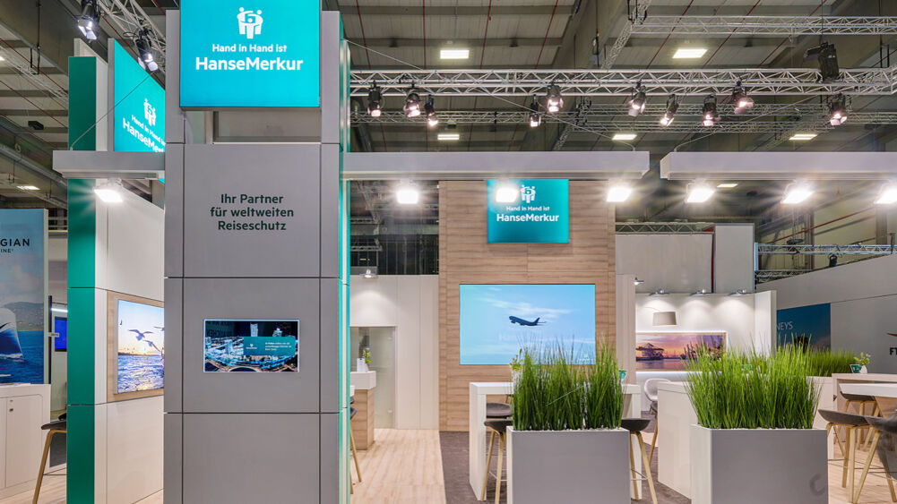 Messestand Hanse Merkur, Messe ITB, Berlin, Isingermerz Messestanddesign