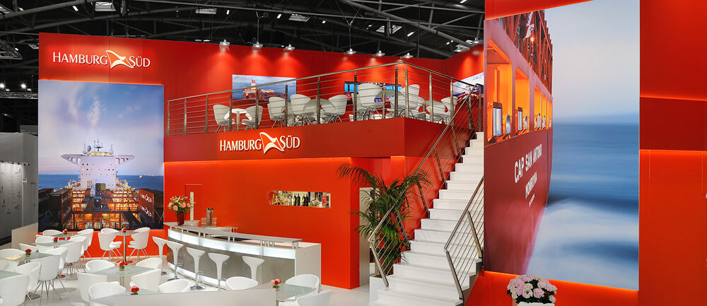 Messestand Hamburg Süd, Messe Transport Logistik, München, Messebau Isingermerz, Messedesign, Doppelstock, zweigeschossig