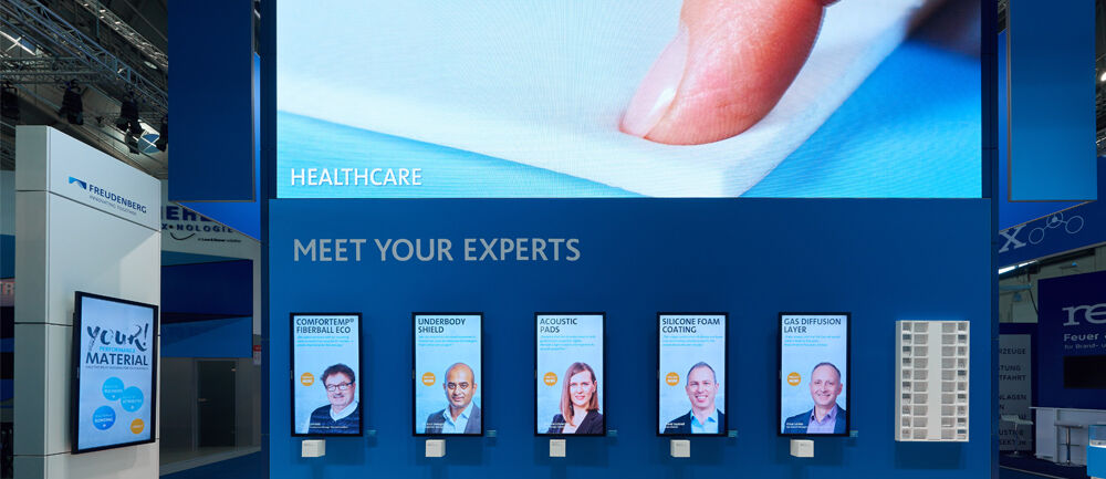 Messestand, Freudenberg Performance Materials, Messe Techtextil, technische Textilien, Messebau, ISINGERMERZ, Ideengeber, LED Wand