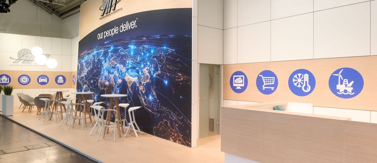 Messestand AIT, Messebau München, Messe transport logistic, ISINGERMERZ, Messestanddesign, Standkonzept