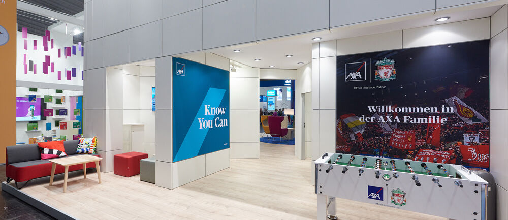 Messestand AXA, Messe DKM, Versicherungsbranche, Isingermerz, Messebau, Messedesign, zweigeschossig, Doppelstock, Messeauftritt