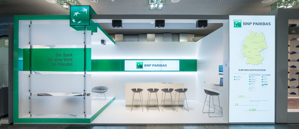 Messestand BNP Paribas, Messe, Kongress, Finanzsymposium Mannheim, Messebau Isingermerz, Messekonzept