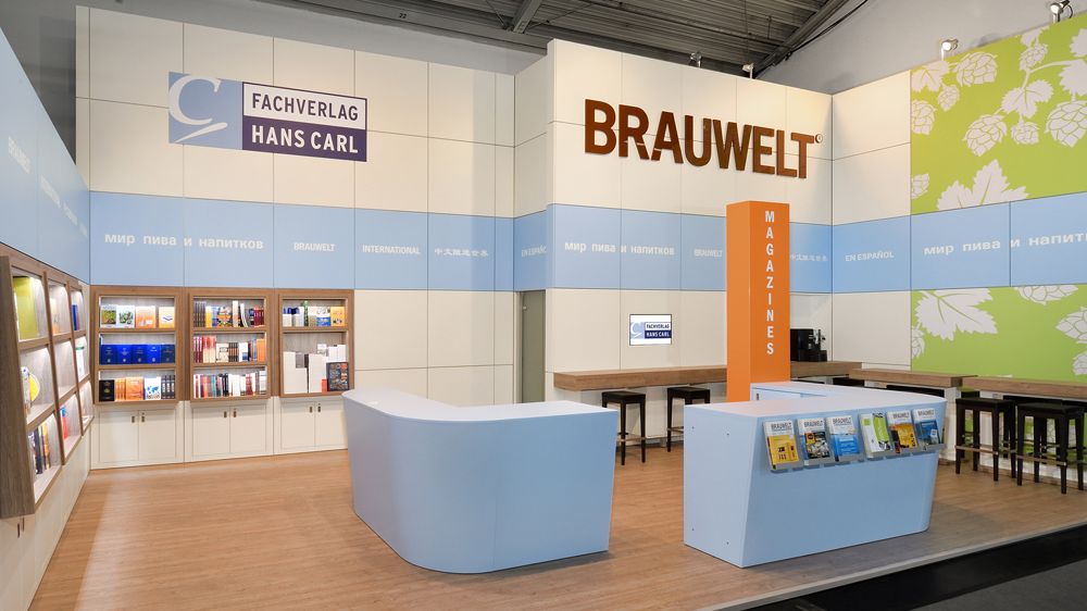 Messestand Fachverlag Hans Carl, Messe Drinktec, Brauwelt, Getränkebranche, Messebau ISINGERMERZ