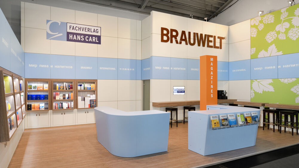 Messestand Fachverlag Hans Carl, Messe Drinktec, Brauwelt, Getränkebranche, Messebau ISINGERMERZ