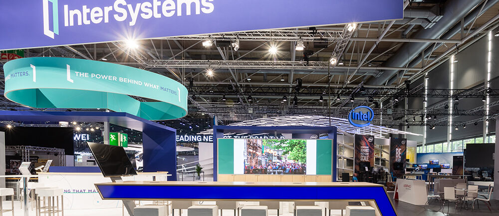 Messestand Intersystems, Messe Cebit, Hannover, Messebau ISINGERMERZ, Softwareentwickler, Messestandbau