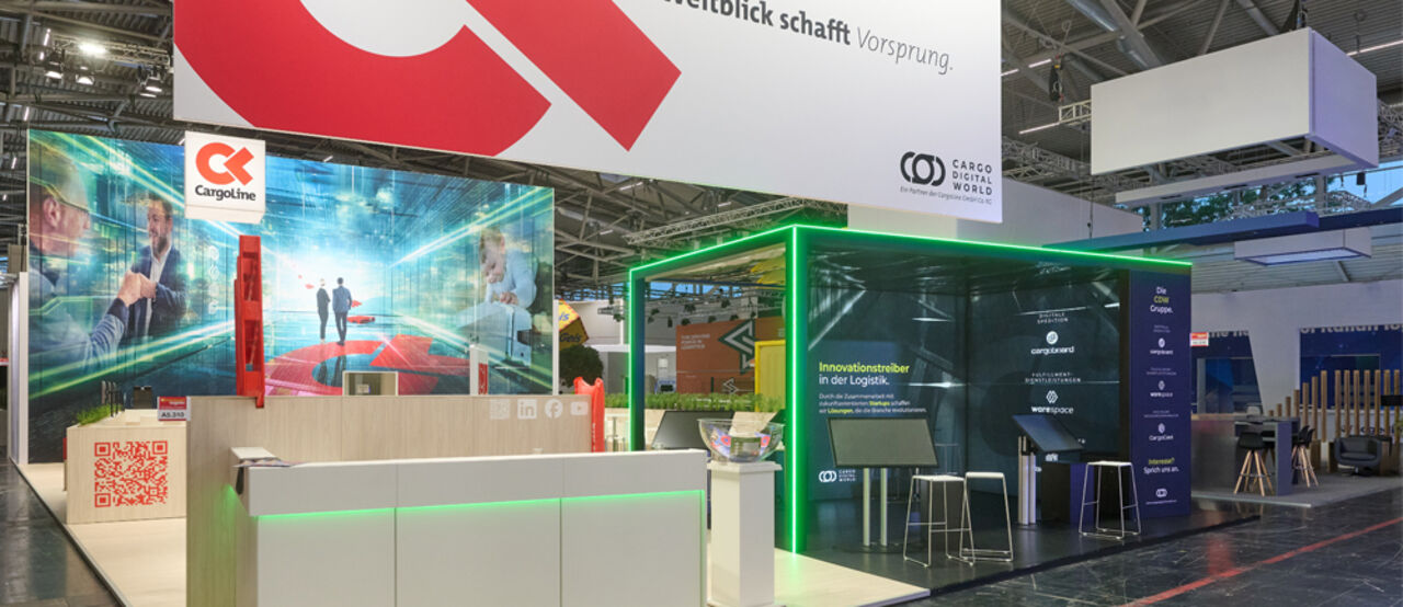 Messestand Cargoline, Messebau München, Messe transport logistic, ISINGERMERZ, Messestanddesign, Empfangsbereich