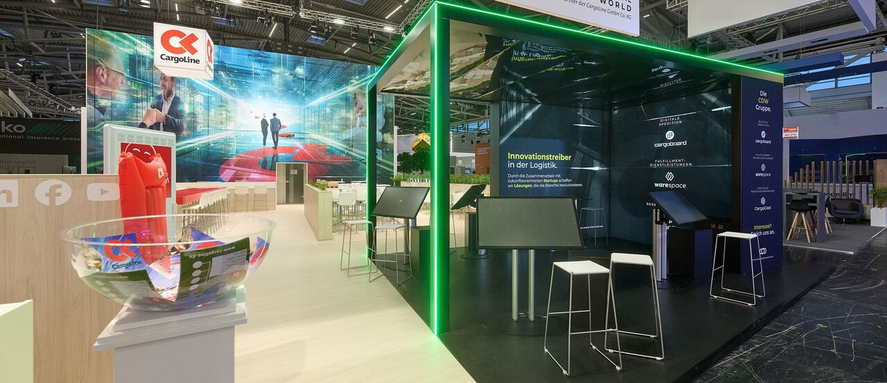 Messestand Cargoline, Messebau München, Messe transport logistic, ISINGERMERZ, Messestanddesign, Messestand