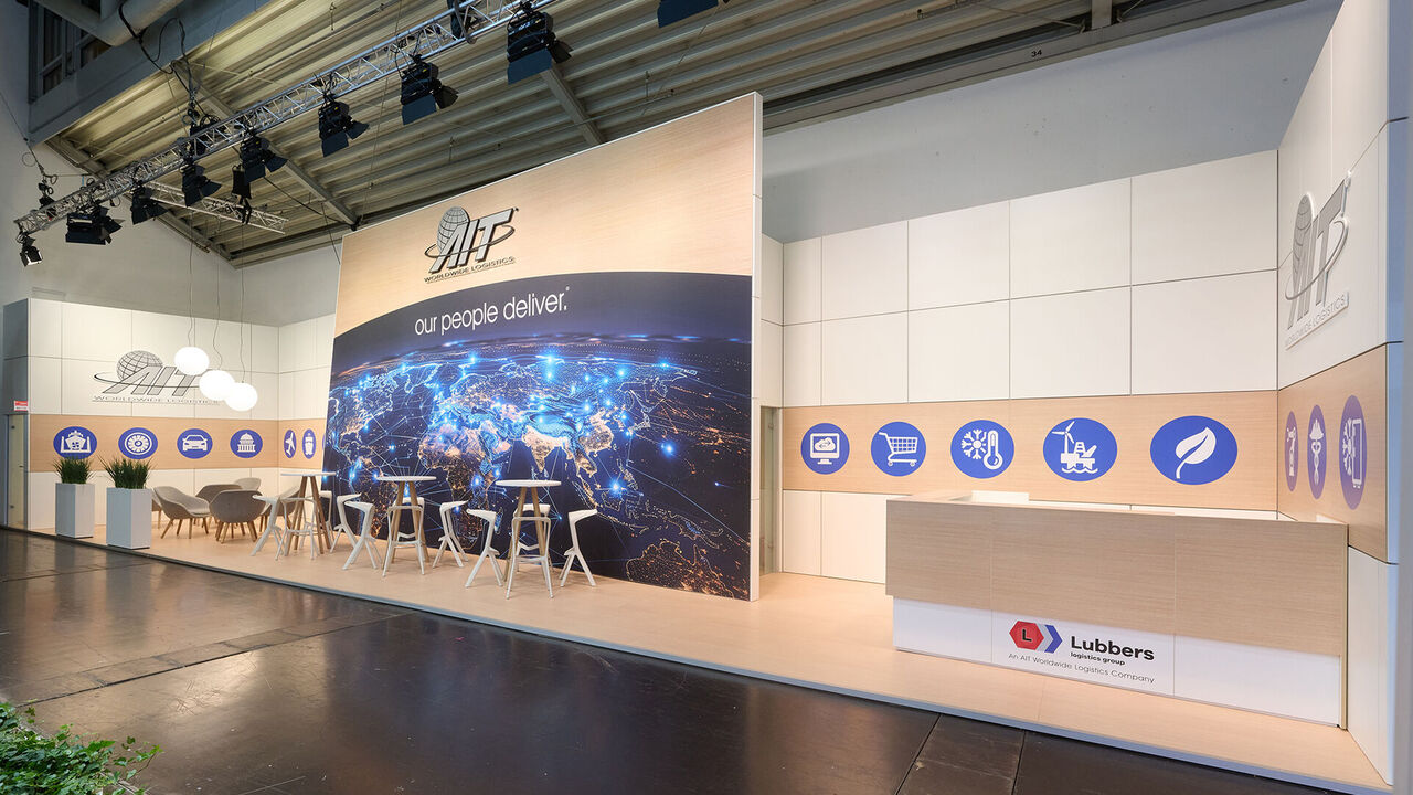 Messestand AIT, Messebau München, Messe transport logistic, ISINGERMERZ, Messestanddesign