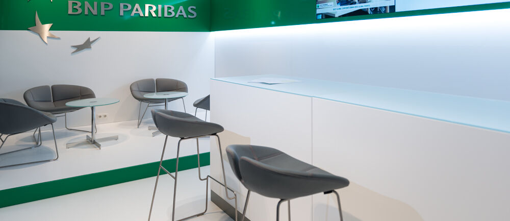 Messestand BNP Paribas, Messe, Kongress, Finanzsymposium Mannheim, Messebau Isingermerz, Messekonzept